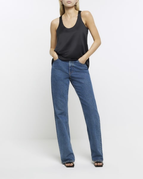 Black satin scoop neck tank top