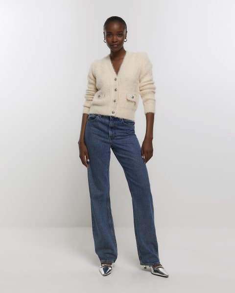 Cream knitted shoulder pad cardigan
