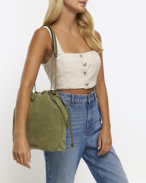 Green suede chain strap shoulder bag