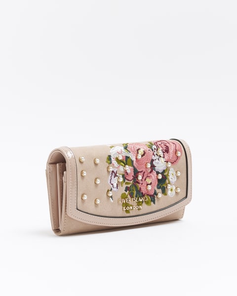 Pink floral embroidered purse
