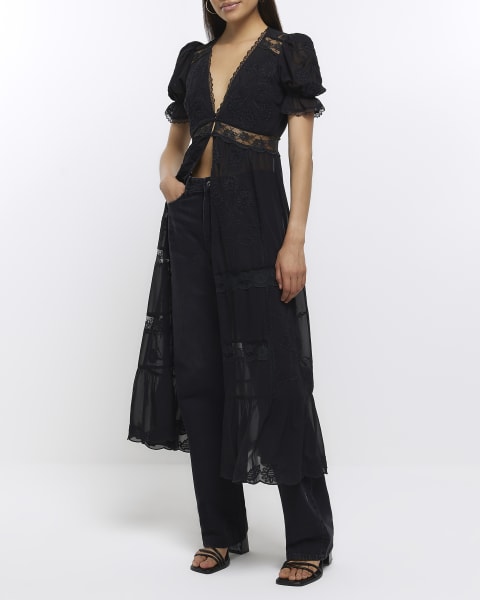 Black lace puff sleeve longline top