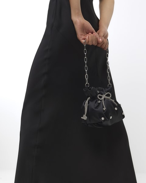 Black satin embellished drawstring bag