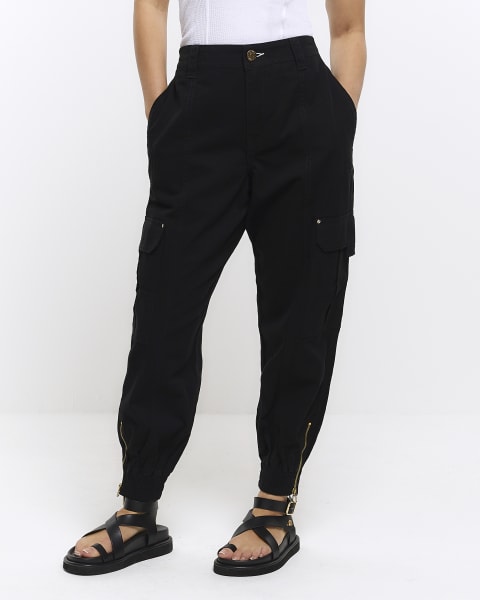 Petite black zip cuffed cargo trousers
