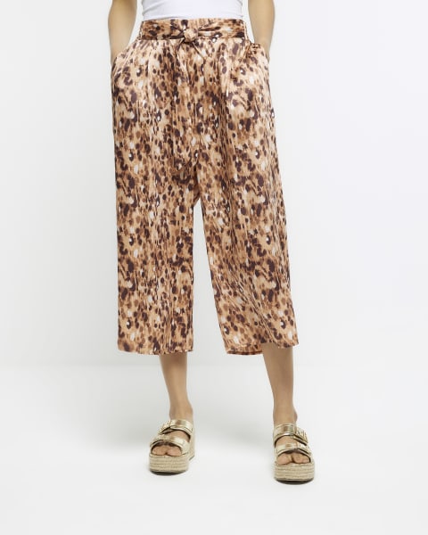 Brown satin animal print culottes
