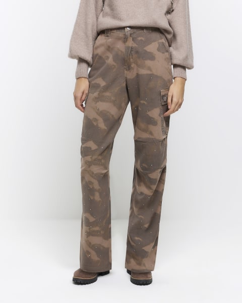 Khaki camo embellished cargo trousers