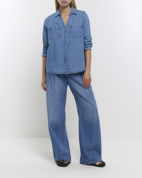 Petite blue long sleeve denim shirt
