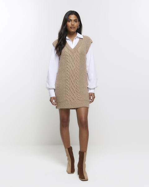 Beige cable knit jumper mini dress