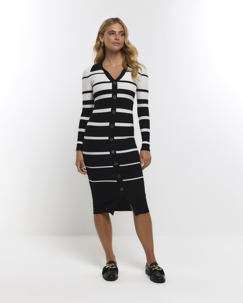 White stripe buttoned up bodycon midi dress