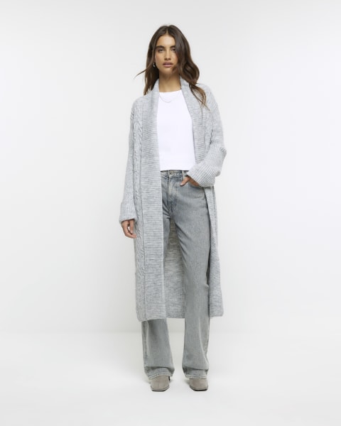 Grey cable knit longline cardigan