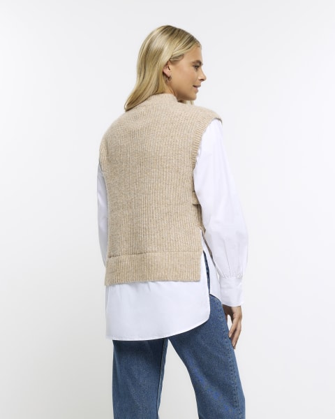 Beige shirt sleeve hybrid jumper