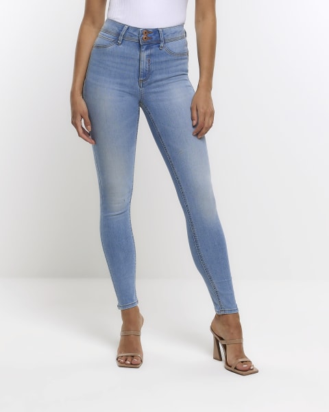 Blue mid rise super skinny fit jeans
