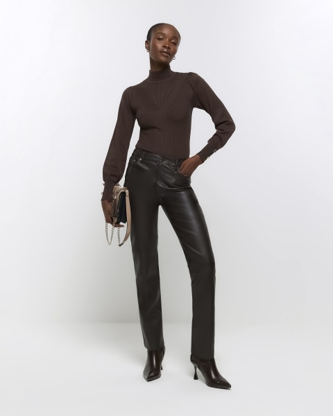 Brown rib high neck long sleeve top
