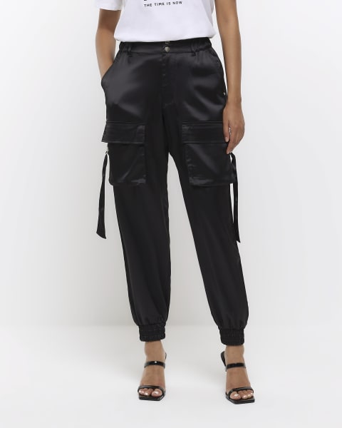 Black satin cuffed cargo trousers