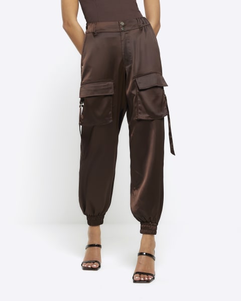 Brown satin cuffed cargo trousers