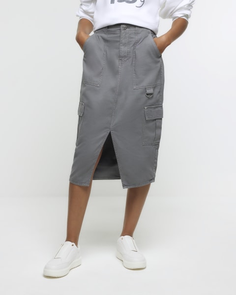 Grey Washed Cargo Midi Denim Skirt