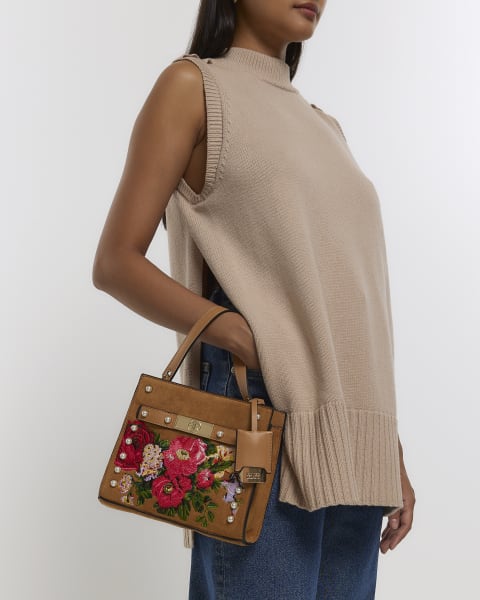 Brown suedette embroidered floral tote bag