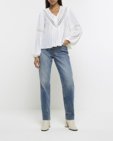 White chiffon lace trim blouse