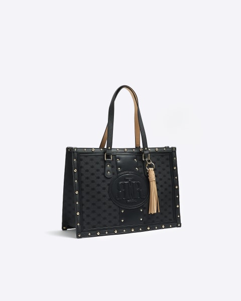 Black jacquard studded shopper bag