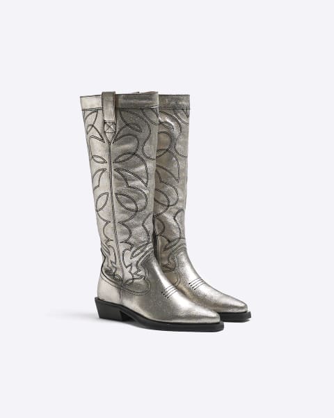 Silver leather western boots