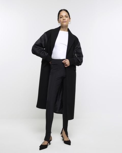 Black wool blend belted hybrid coat