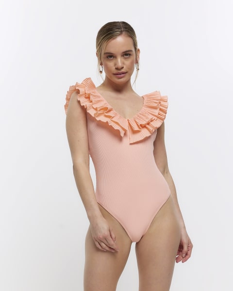 Petite orange frill bodysuit