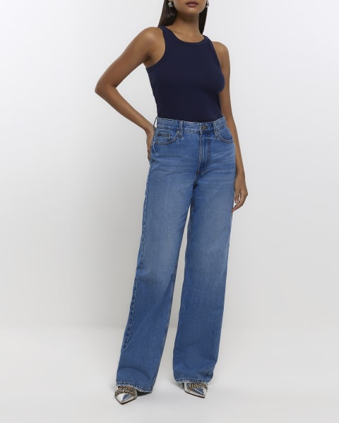 Navy ribbed racer vest top