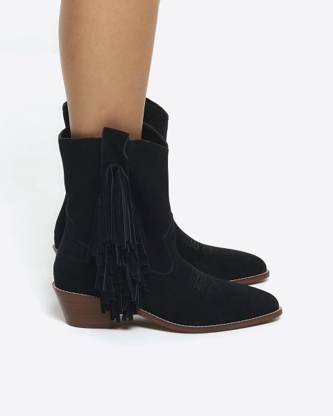 Black suede fringe detail western boots