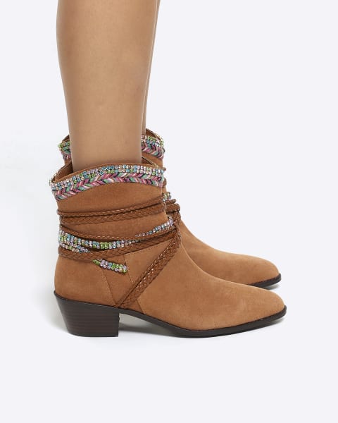 Brown suede plaited embellished western boots