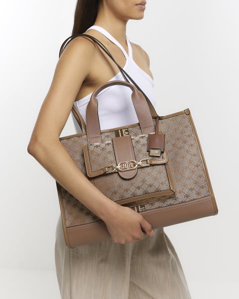 Brown jacquard shopper bag