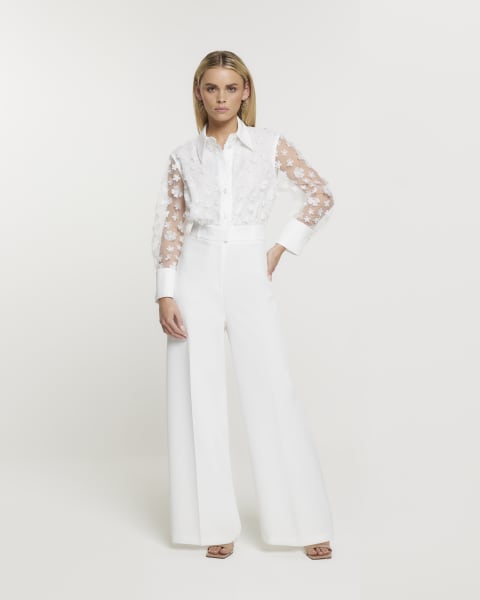 Petite white lace top jumpsuit