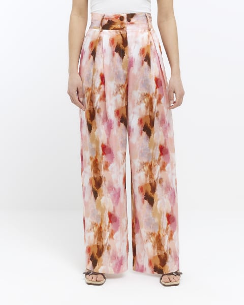 Pink abstract print pleated wide leg trousers