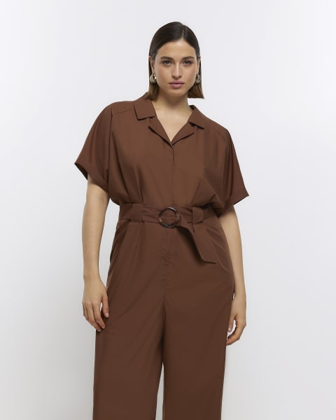Plus brown short sleeve utility jumpsuit