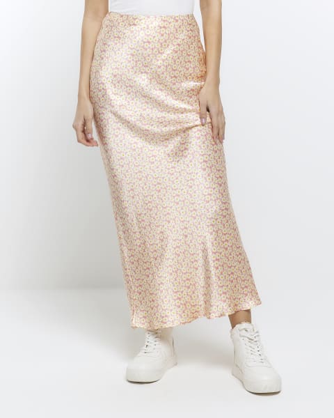 Pink floral satin maxi skirt