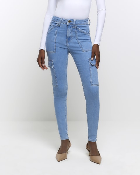 Blue high waisted skinny cargo jeans