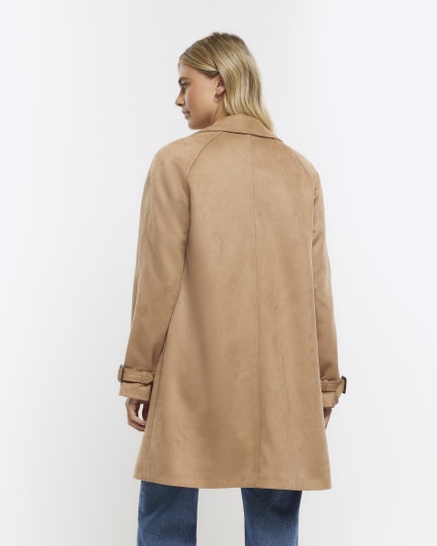Brown suedette longline trench coat