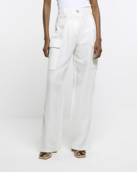 White linen blend wide leg cargo trousers