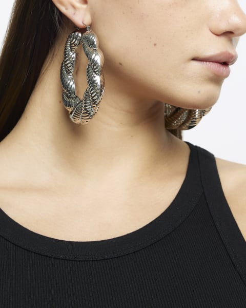 Silver twist hoop earrings