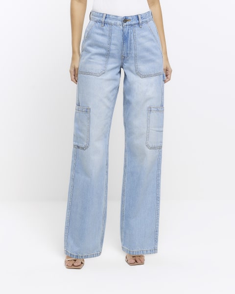 Blue high waisted wide leg cargo jeans