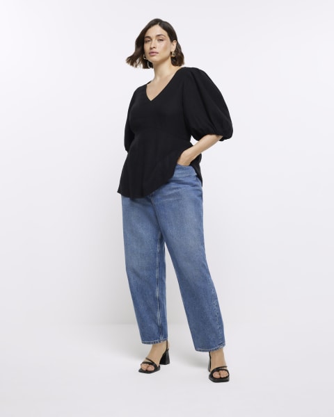 Plus black short puff sleeve top with linen