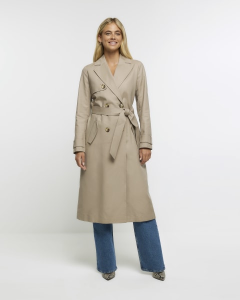Beige double breasted trench coat