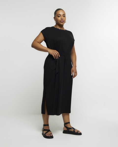 Plus black tie waist t-shirt midi dress