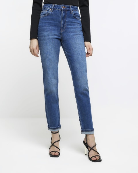 Blue high rise slim fit mom jeans