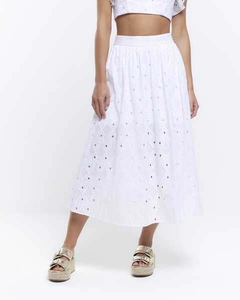 Petite white broderie midi skirt