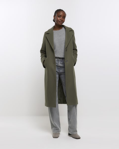 Khaki wool blend roll sleeve longline coat