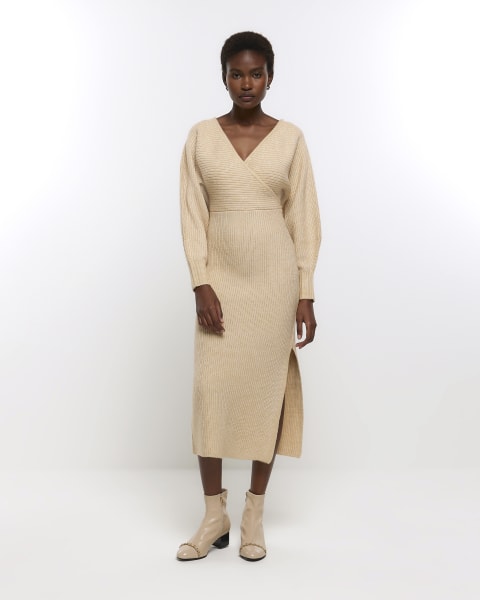 Beige knitted wrap jumper midi dress
