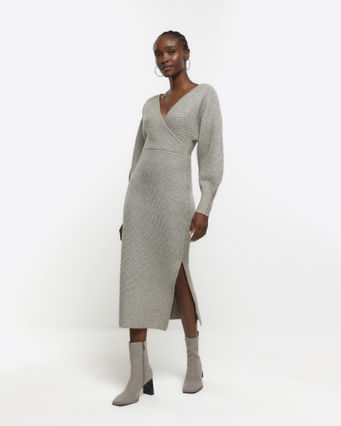 Grey knitted wrap jumper midi dress
