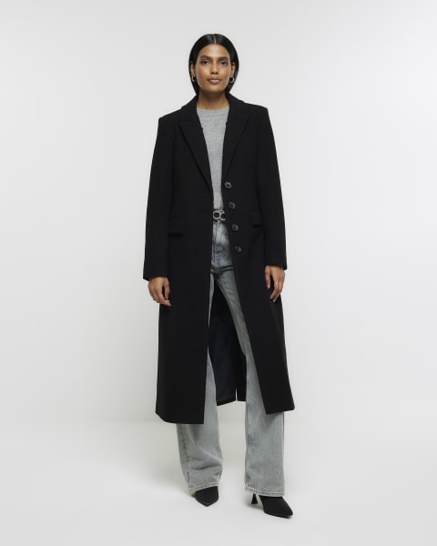 Black faux fur collar longline coat