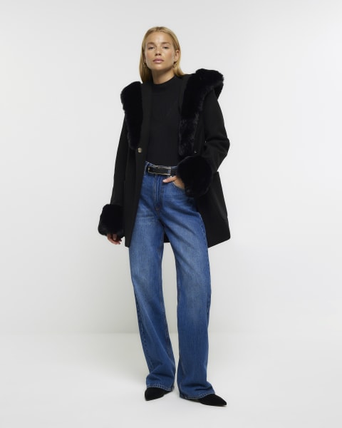 Black faux fur belted coat