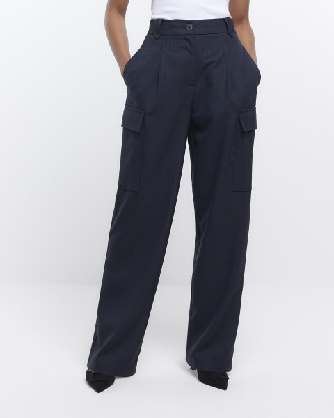 Navy striped wide leg cargo trousers