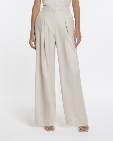 Cream RI Studio pleated wide leg trousers